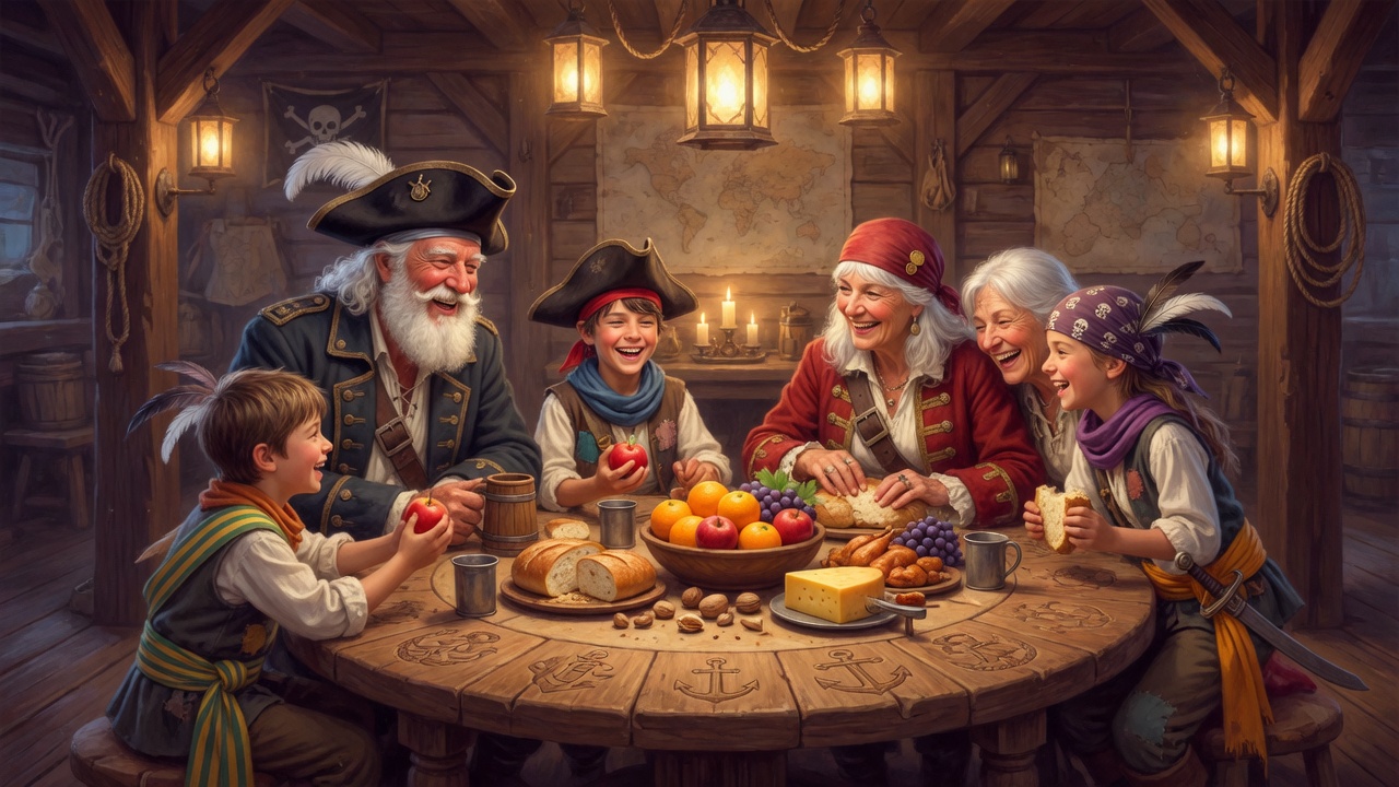 A family dressed as pirates gathered around a round table like Arthur's court